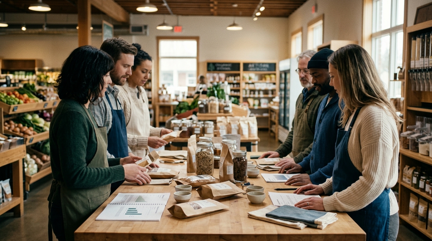 Independent retailers and cooperative members meeting at a member-owned grocery