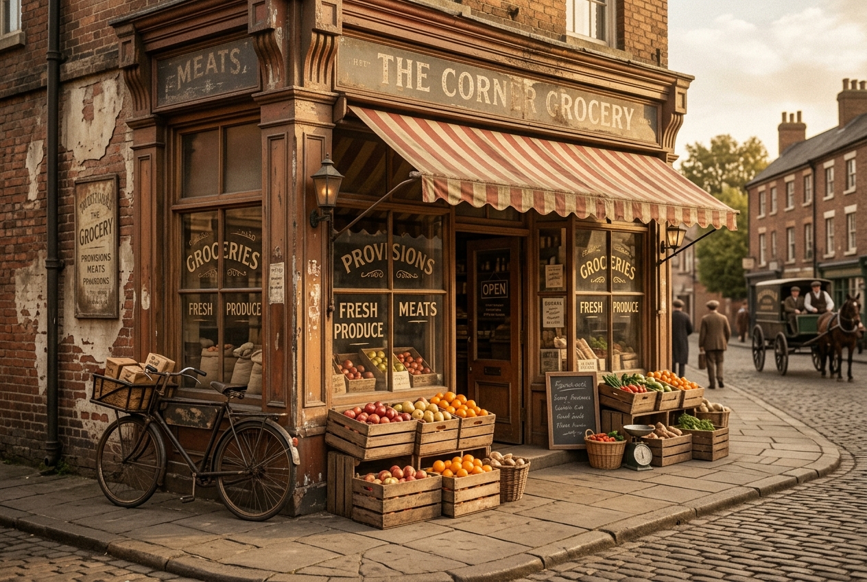 A vintage independent corner grocery storefront